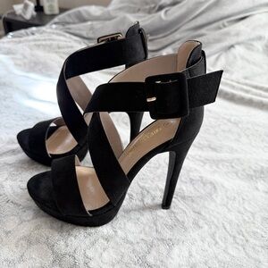 Dream Pairs Black Suede Cross Strap Platform Stiletto Heels